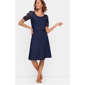 Talbots Midi Dress Womens Size L Navy Eyelet Puff Sleeve Coastal Stretch Modal